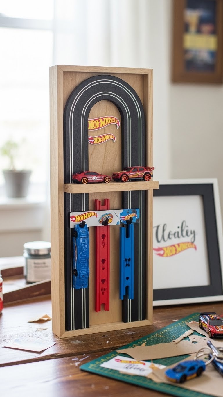 Handmade DIY Hot Wheels gift project featuring custom wooden display shelf with painted track lines on craft table.