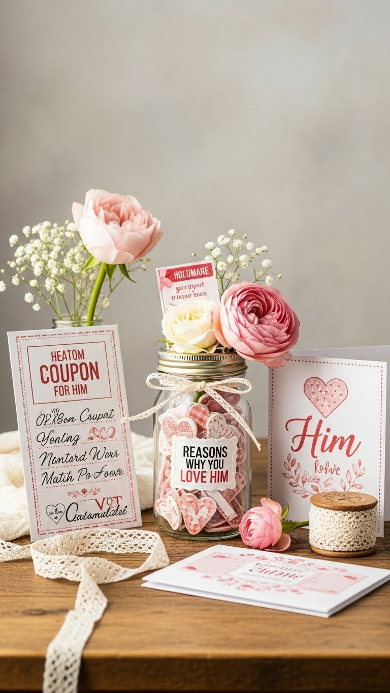 Handmade DIY gifts including custom coupon book and personalized jar on rustic wooden table with soft ambient lighting