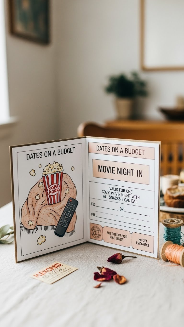 Handmade Dates on a Budget voucher book open to Movie Night In page with vintage stamps on linen tablecloth