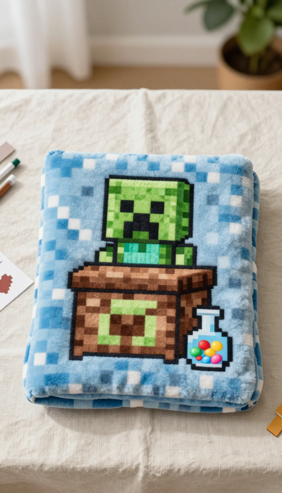 Handmade Minecraft gift like crocheted creeper plushie on linen tablecloth with craft supplies in daylight photography.