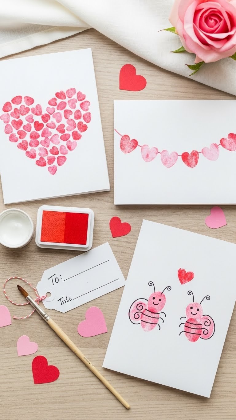 Handmade Valentine's Day cards featuring colorful fingerprint hearts arranged in unique patterns on textured paper.