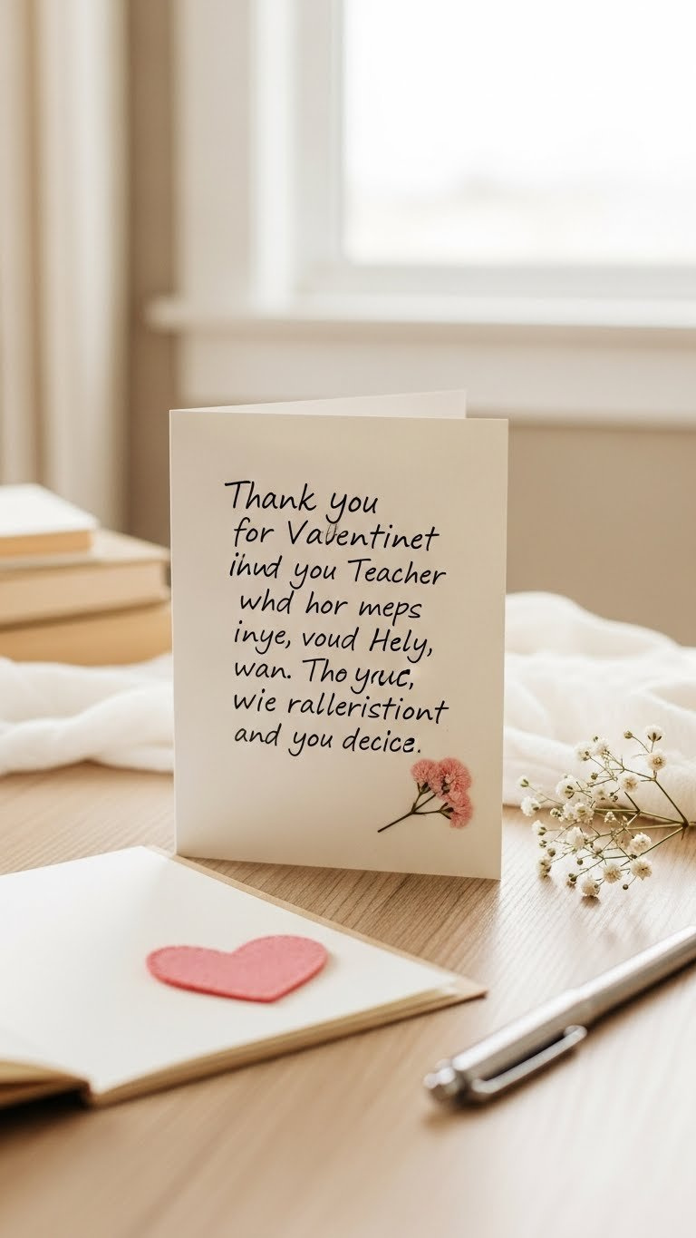 Handmade Valentine's Day thank you card for teacher with handwritten message and delicate floral accent on wooden table.
