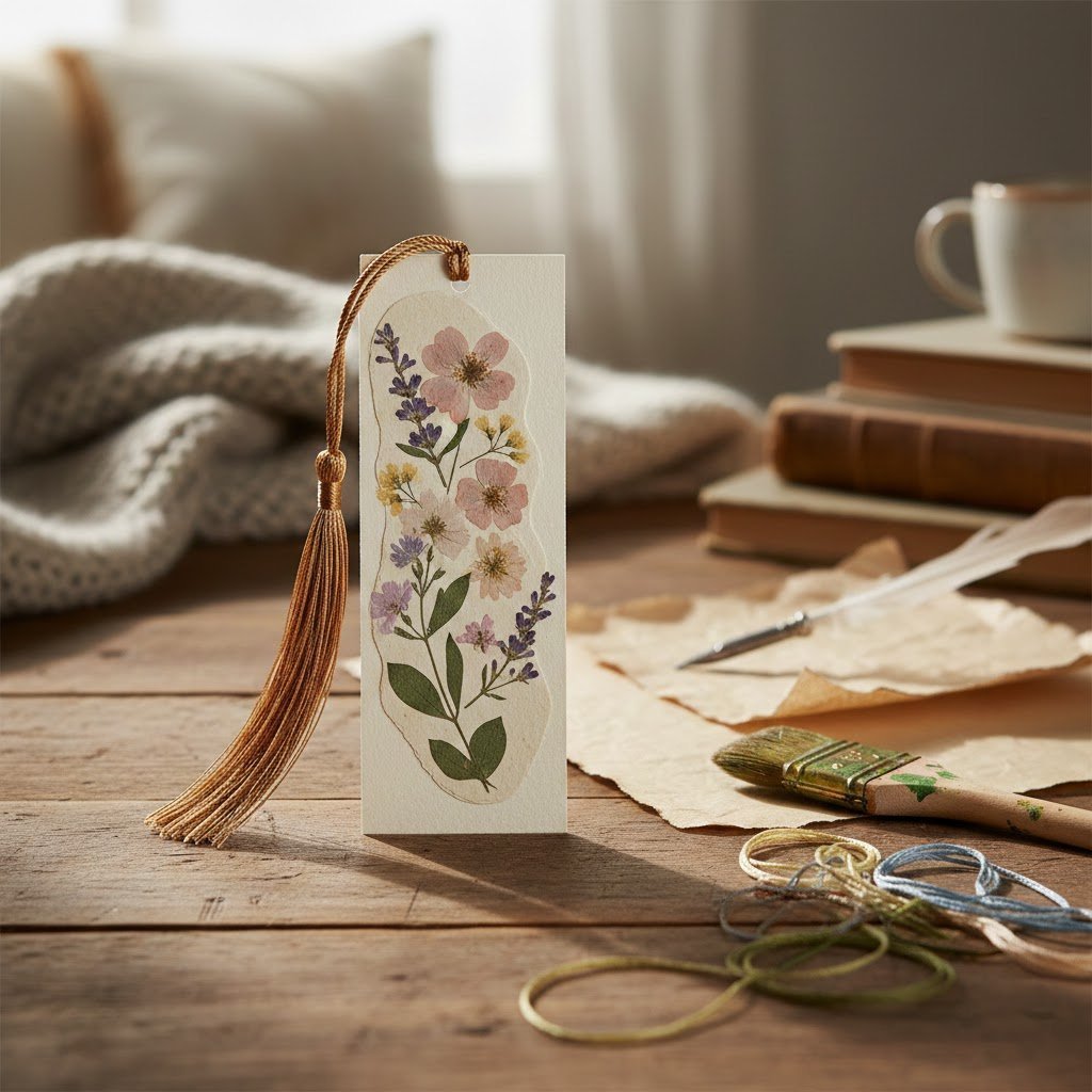 Handmade keepsake bookmark with decorative tassel and intricate details showcased in cozy crafting space.