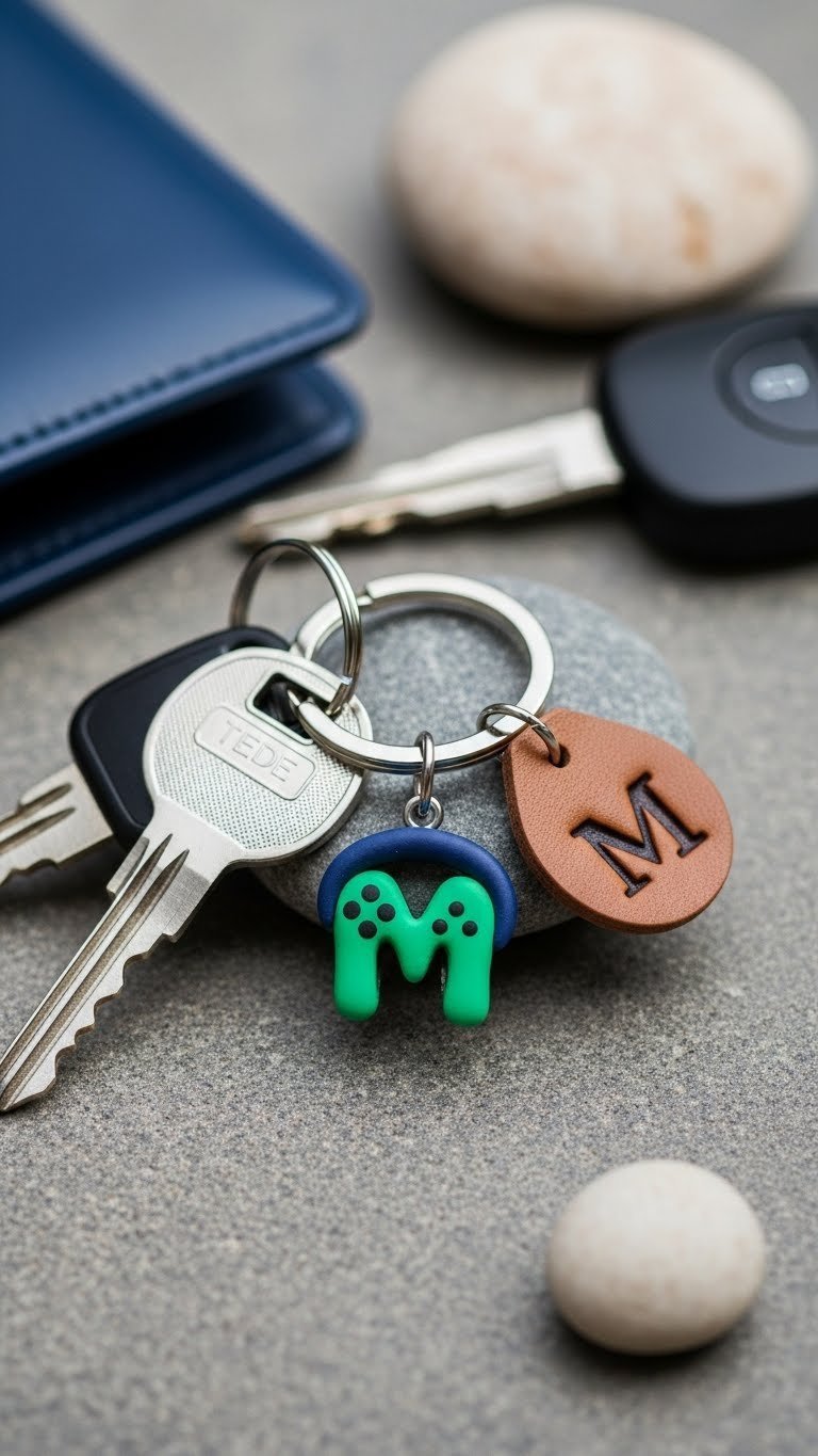 Handmade personalized keychain with custom charm on stone surface with car keys nearby