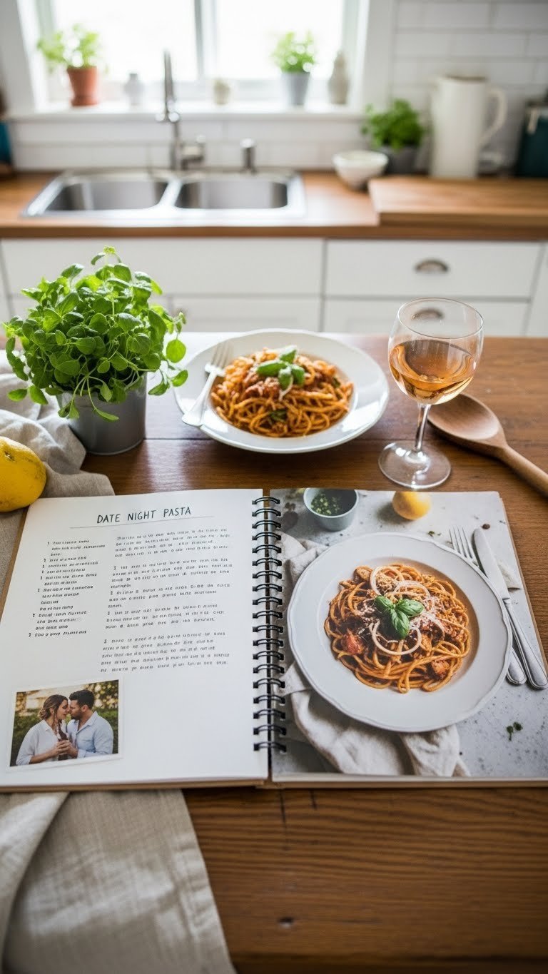 Handmade recipe book open to date night pasta dish with handwritten recipe and plated food
