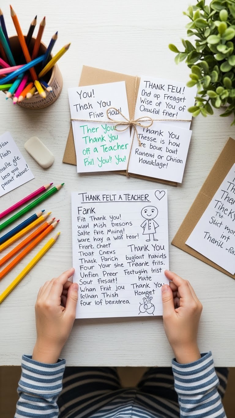 Handmade teacher thank you card with child drawings and rustic string on light wooden desk