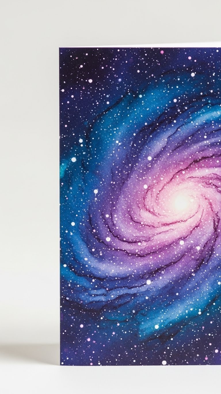Handmade watercolor galaxy card with swirling deep blues, purples, and pink speckled with white stars