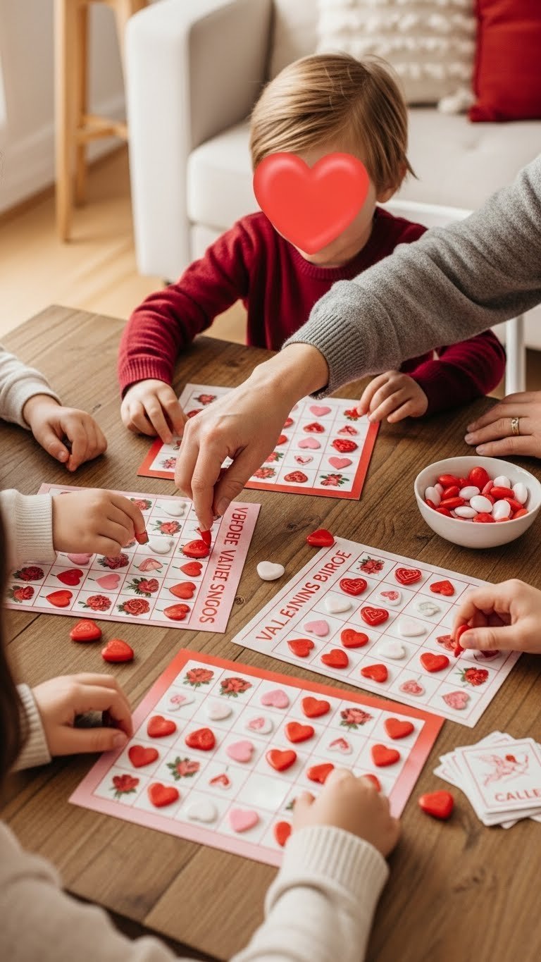 Handmade yarn-wrapped heart decorations with colorful yarn and pom-pom accents suspended against a neutral background