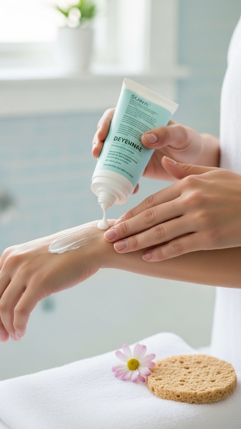 Hands applying gentle depilatory cream to skin with white towel and spa-like bathroom background