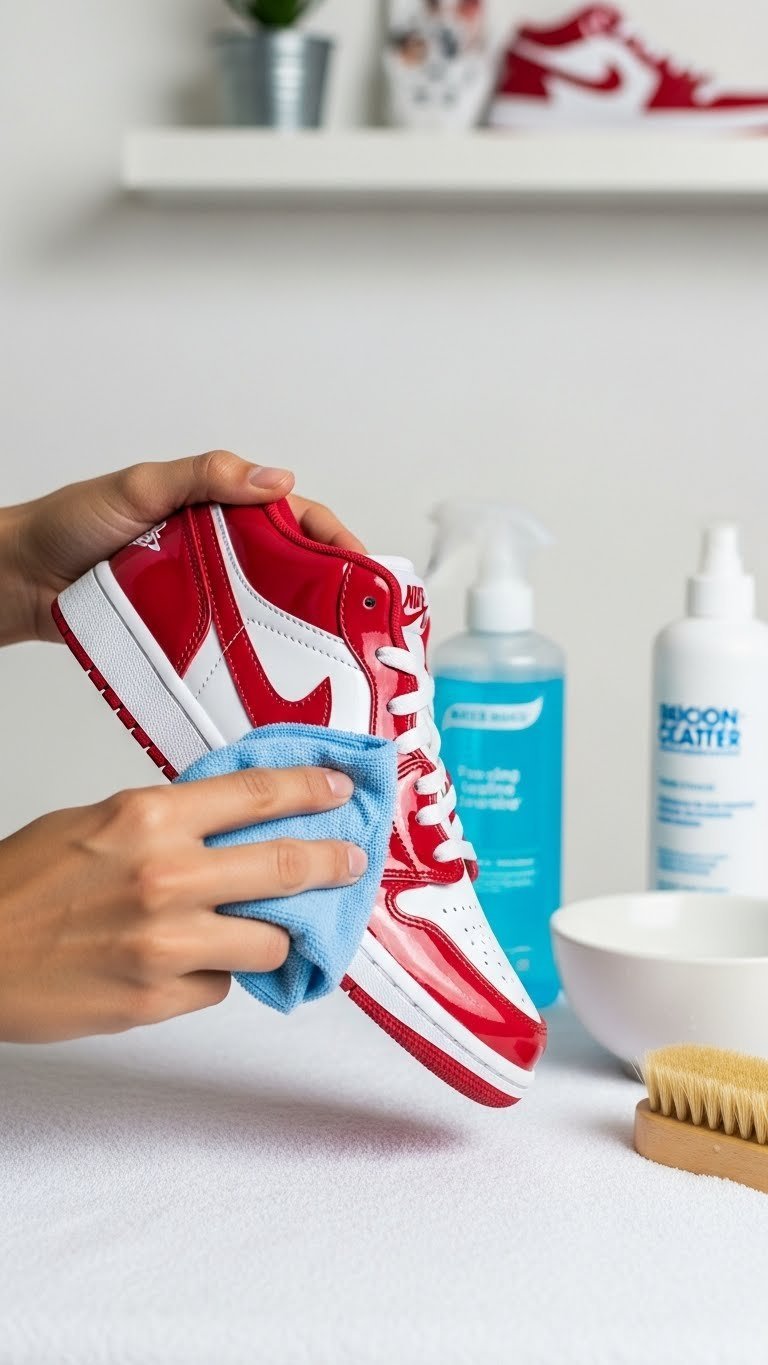 Hands cleaning patent leather Air Jordan 1 Low Valentine's Day sneakers with microfiber cloth on white towel surface