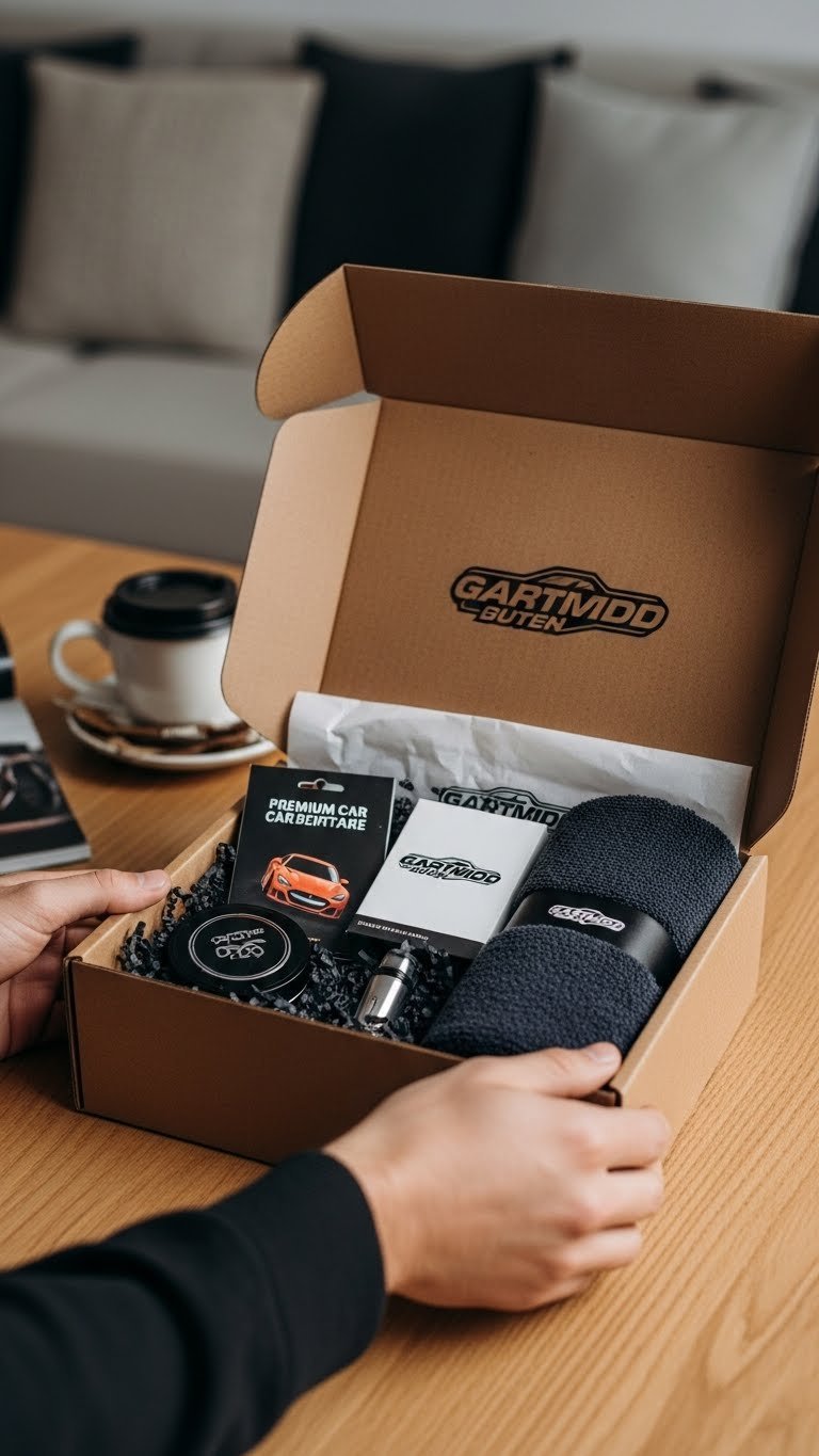 Hands opening car enthusiast subscription box revealing car care products and microfiber towel with tissue paper
