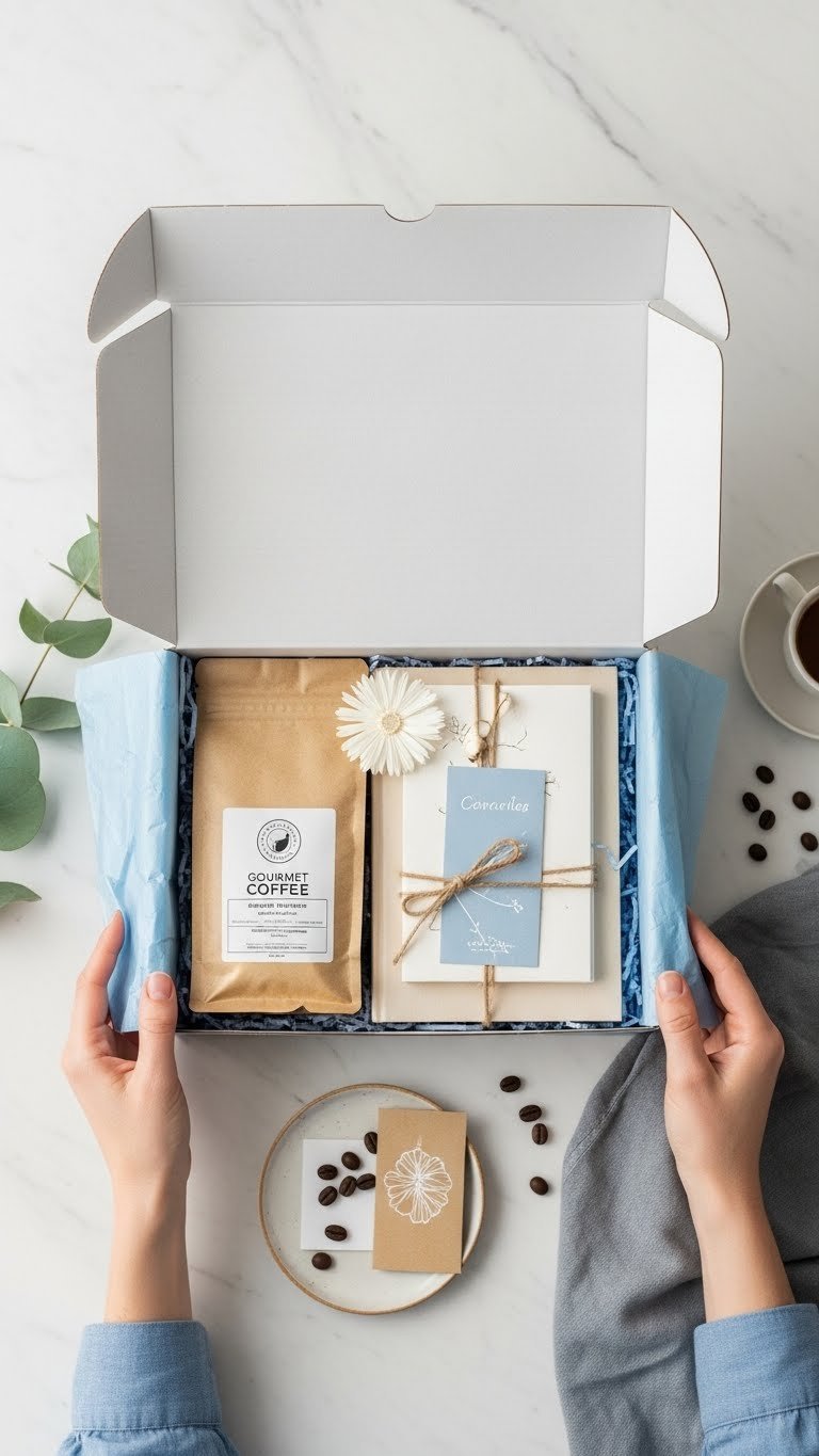 Hands opening subscription box revealing gourmet coffee, book, and stationery on marble surface