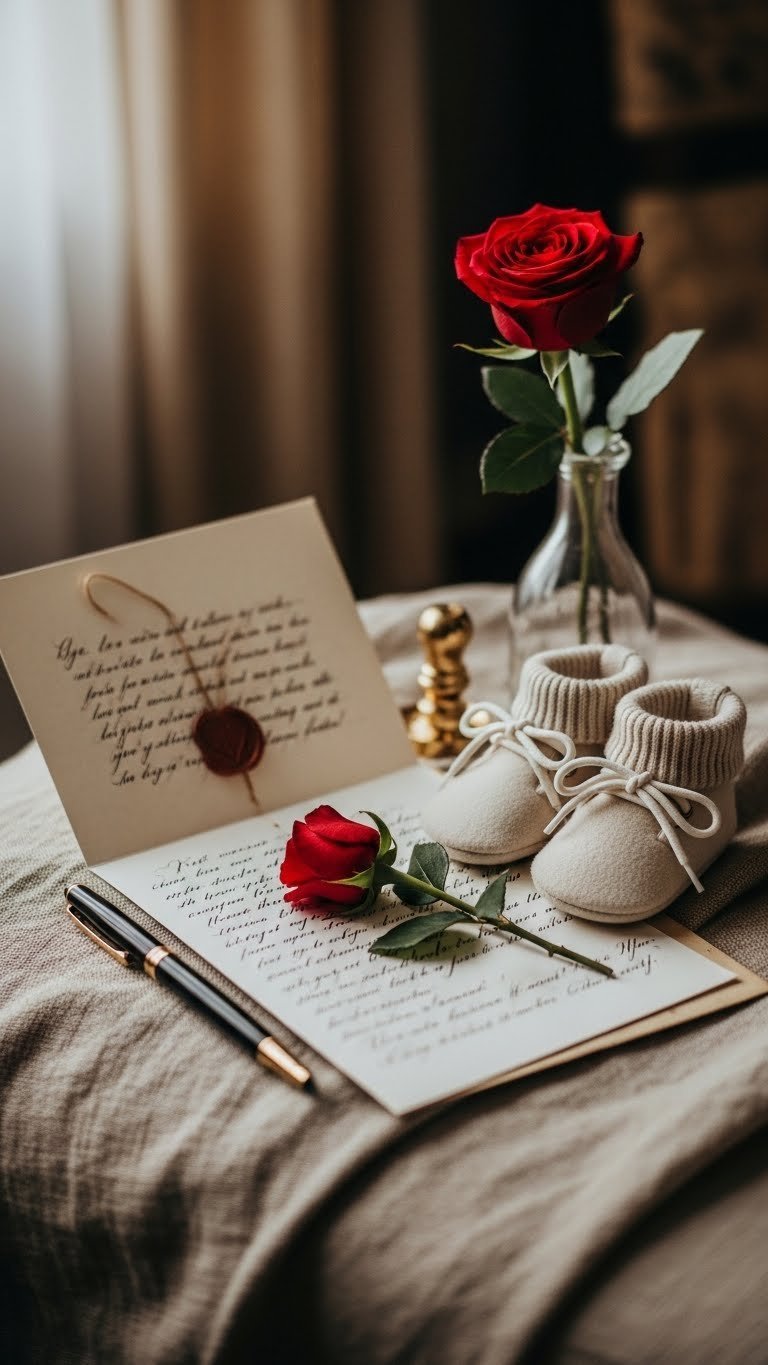 Handwritten love letter with baby booties and red rose on vintage paper with delicate heart wax seal.
