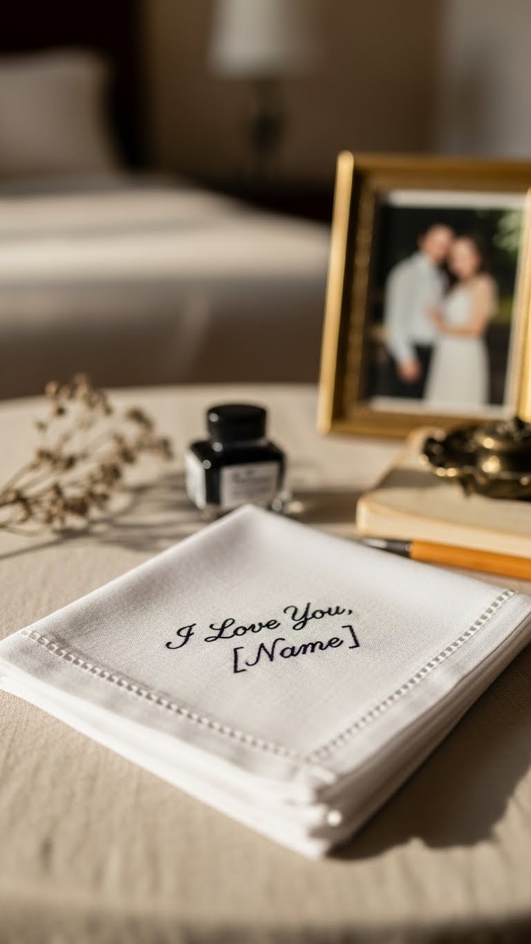 Handwritten message embroidery on white cotton handkerchief with personal script style and warm golden hour lighting