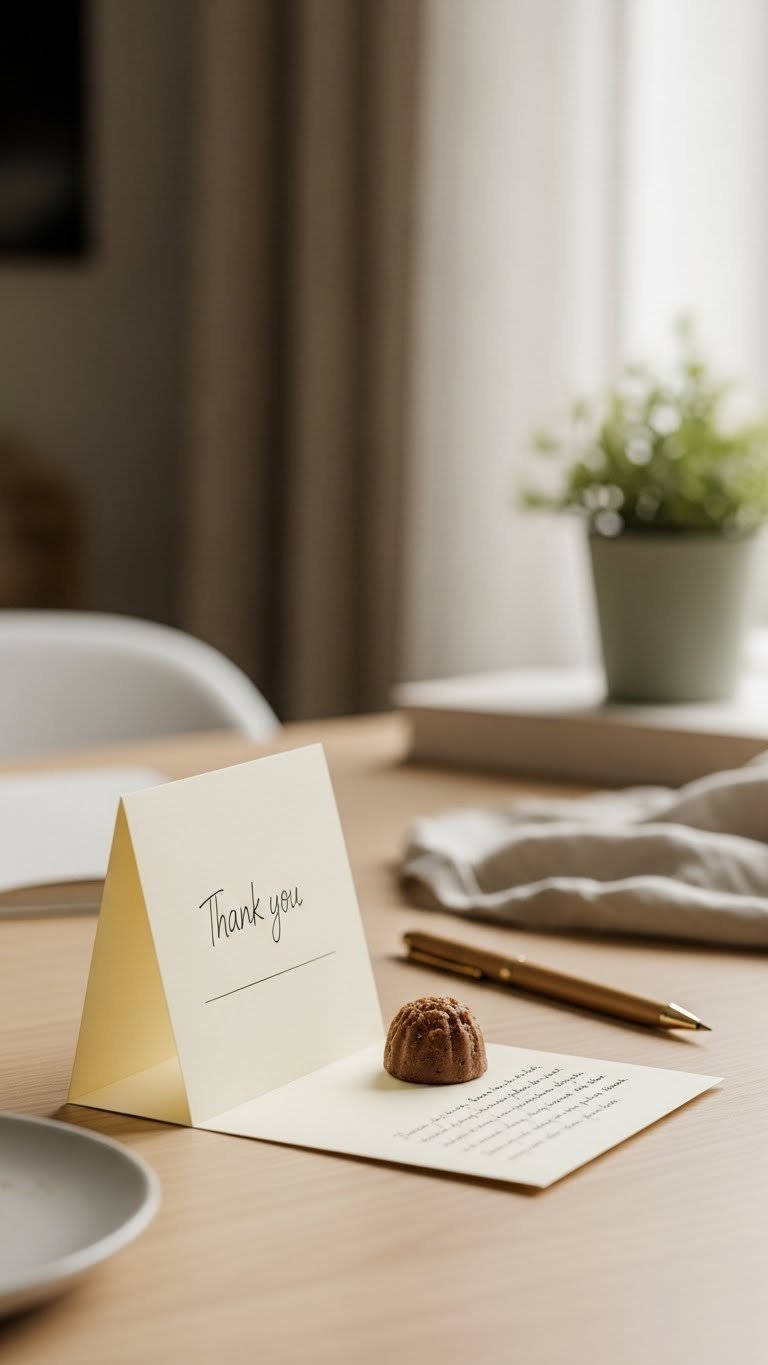 Handwritten thank-you note with chocolate on wooden table with warm natural lighting