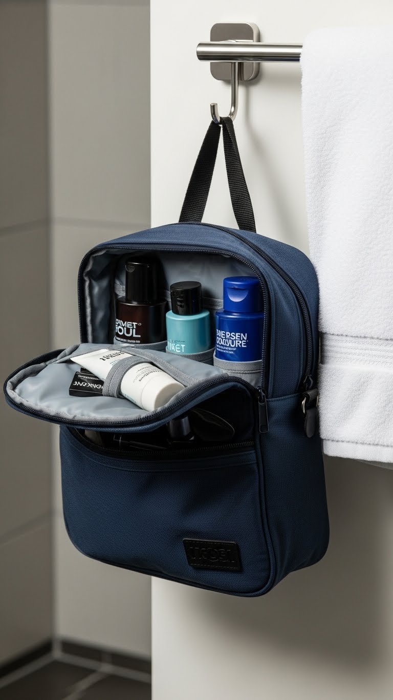 Hanging toiletry bag for men with organized travel-sized grooming products in bathroom setting