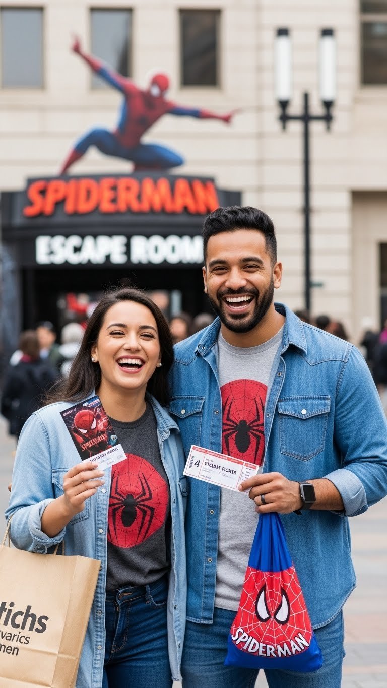 Happy couple enjoying Spiderman-themed experience gift at comic convention with cosplayer background