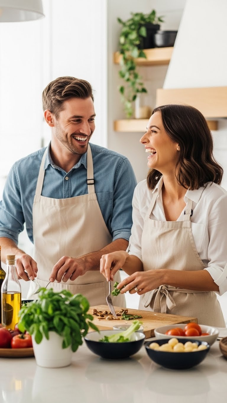 Happy couple laughing while cooking together in bright modern kitchen during private cooking class with fresh ingredients and professional utensils