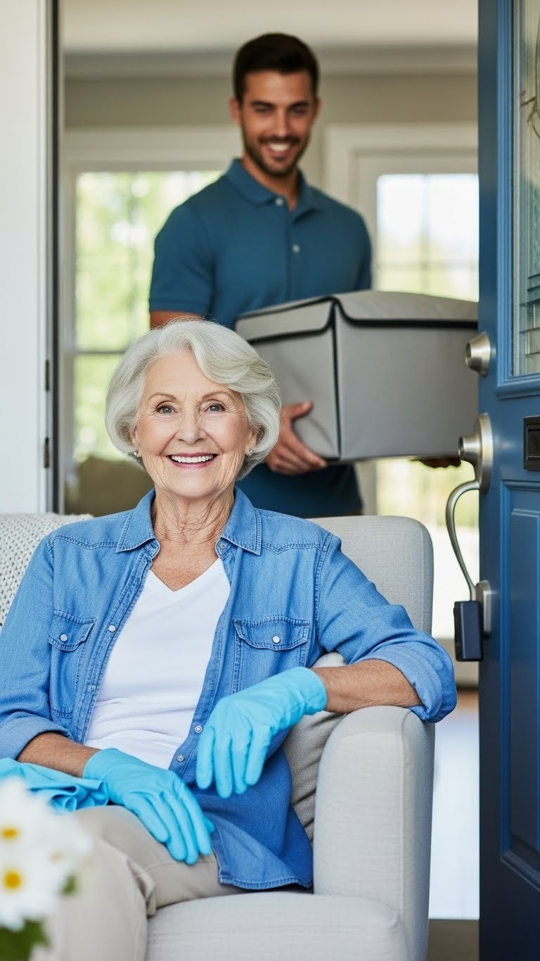 Happy grandmother relaxing in clean living room after cleaning service with cozy throw blanket