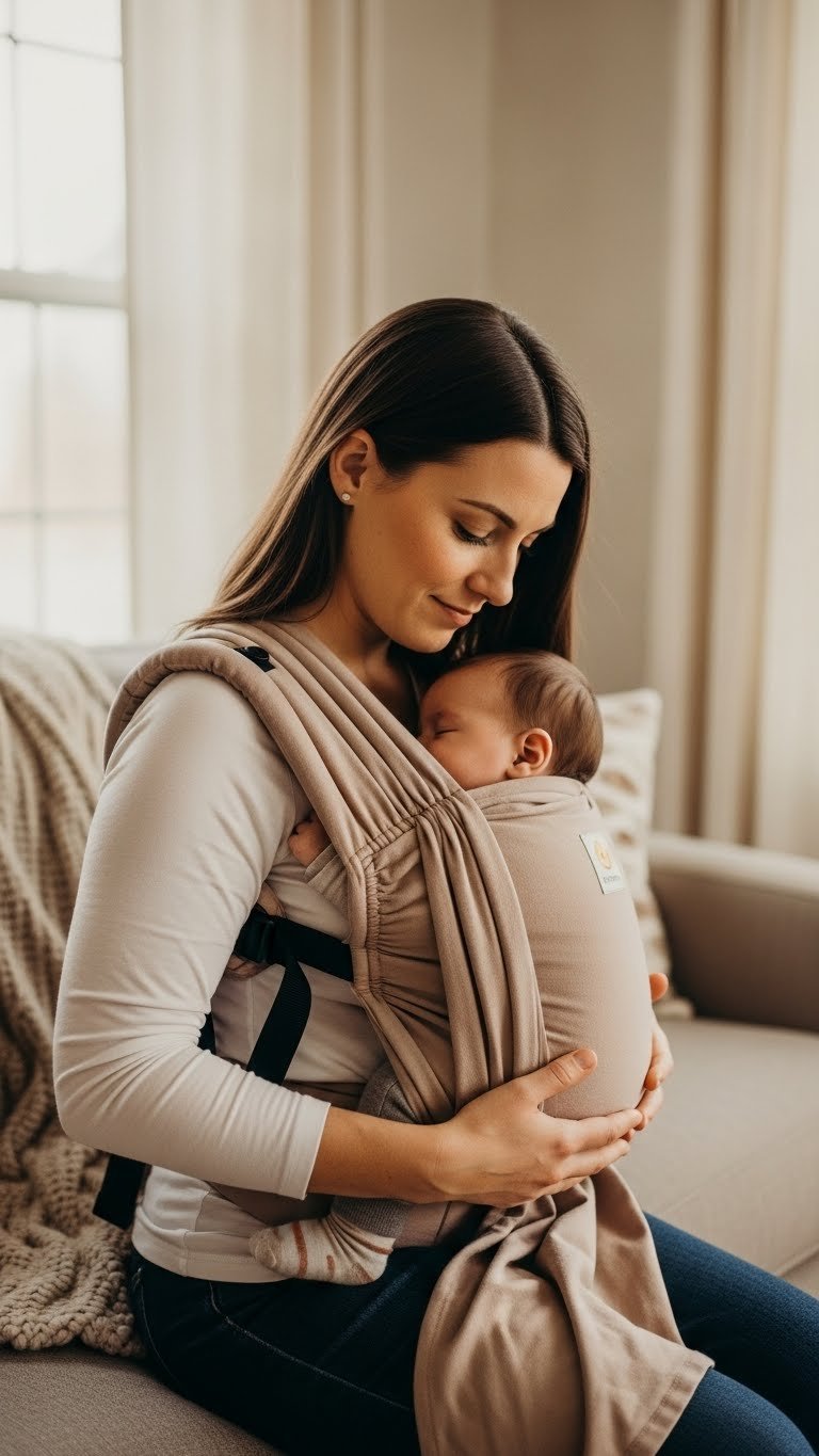 Happy new parent gently babywearing newborn in soft ergonomic carrier with loving expression in cozy home setting