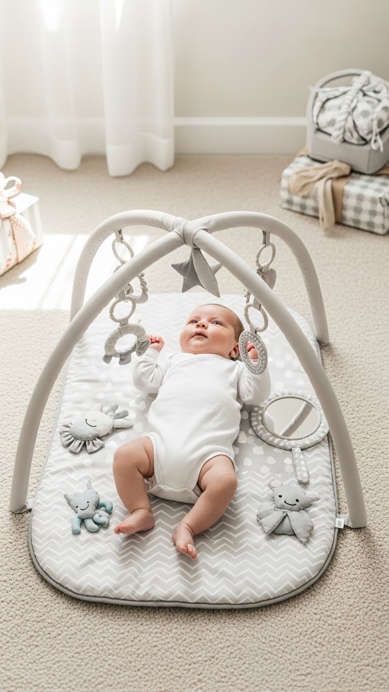 Happy newborn playing on developmental play mat with sensory toys, textures, and mirror during tummy time