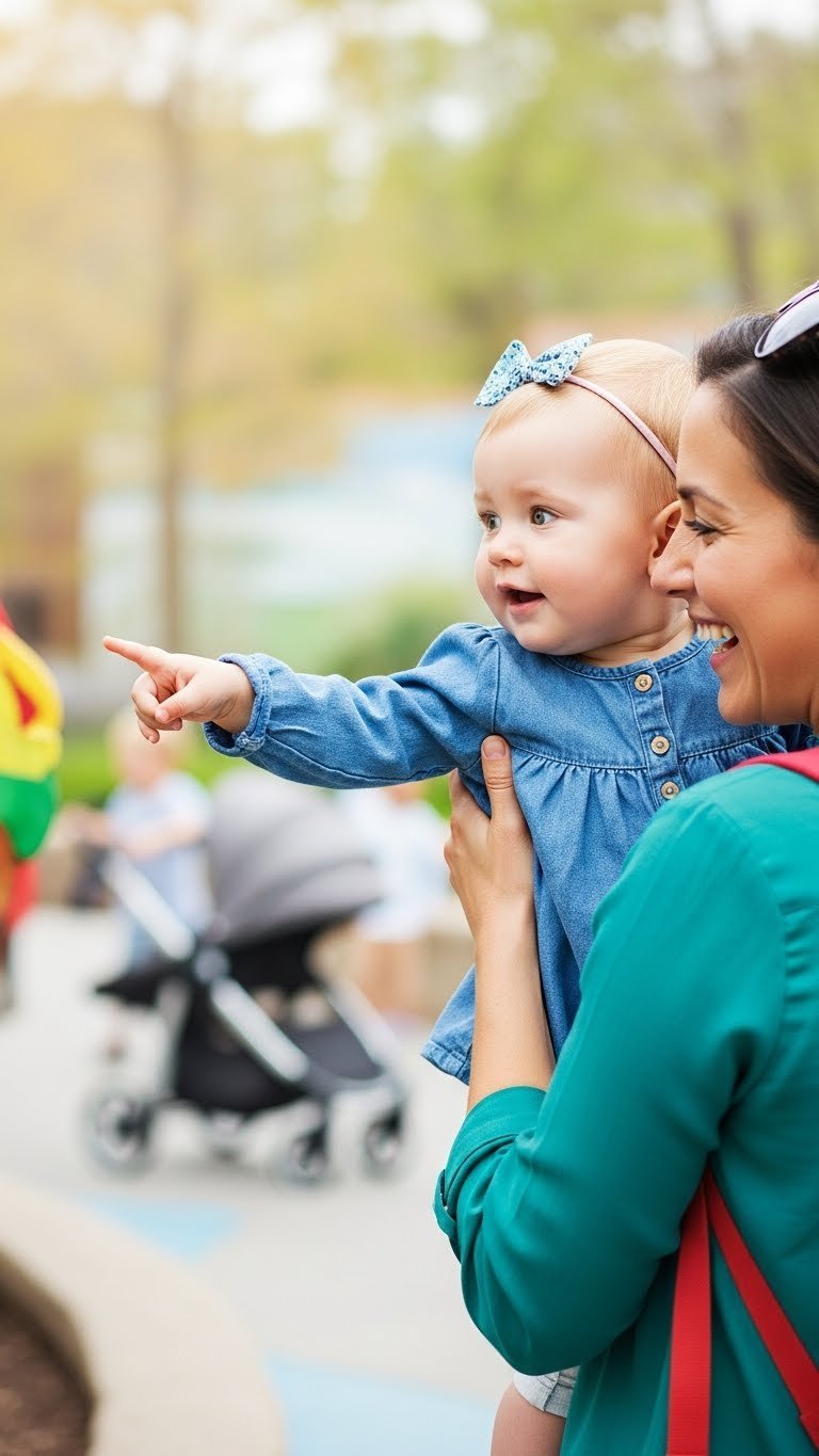 Happy toddler pointing at colorful zoo exhibit while held by parent for family outing experience