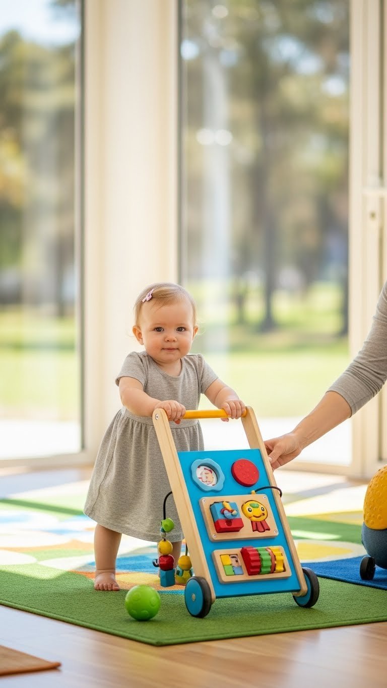 Happy toddler pushing interactive wooden walker toy outdoors for gross motor skill development in sunny park setting