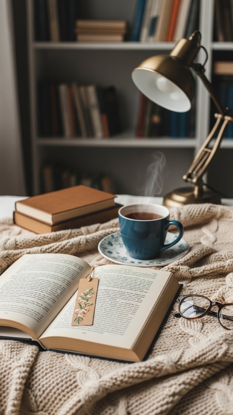 Hardcover book on knitted blanket with bookmark and steaming tea for peaceful reading moment