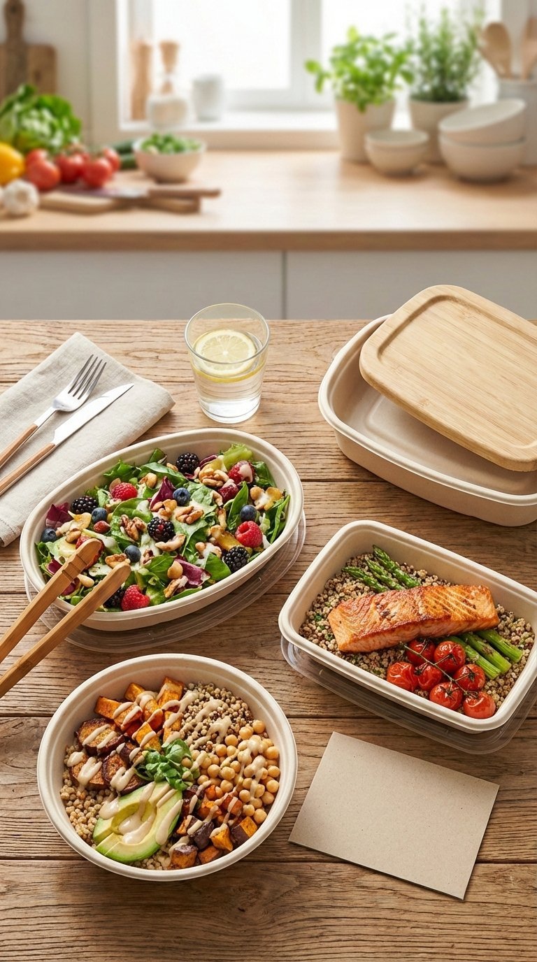 Healthy gourmet meal delivery with colorful salads and salmon in eco-friendly containers on rustic table.