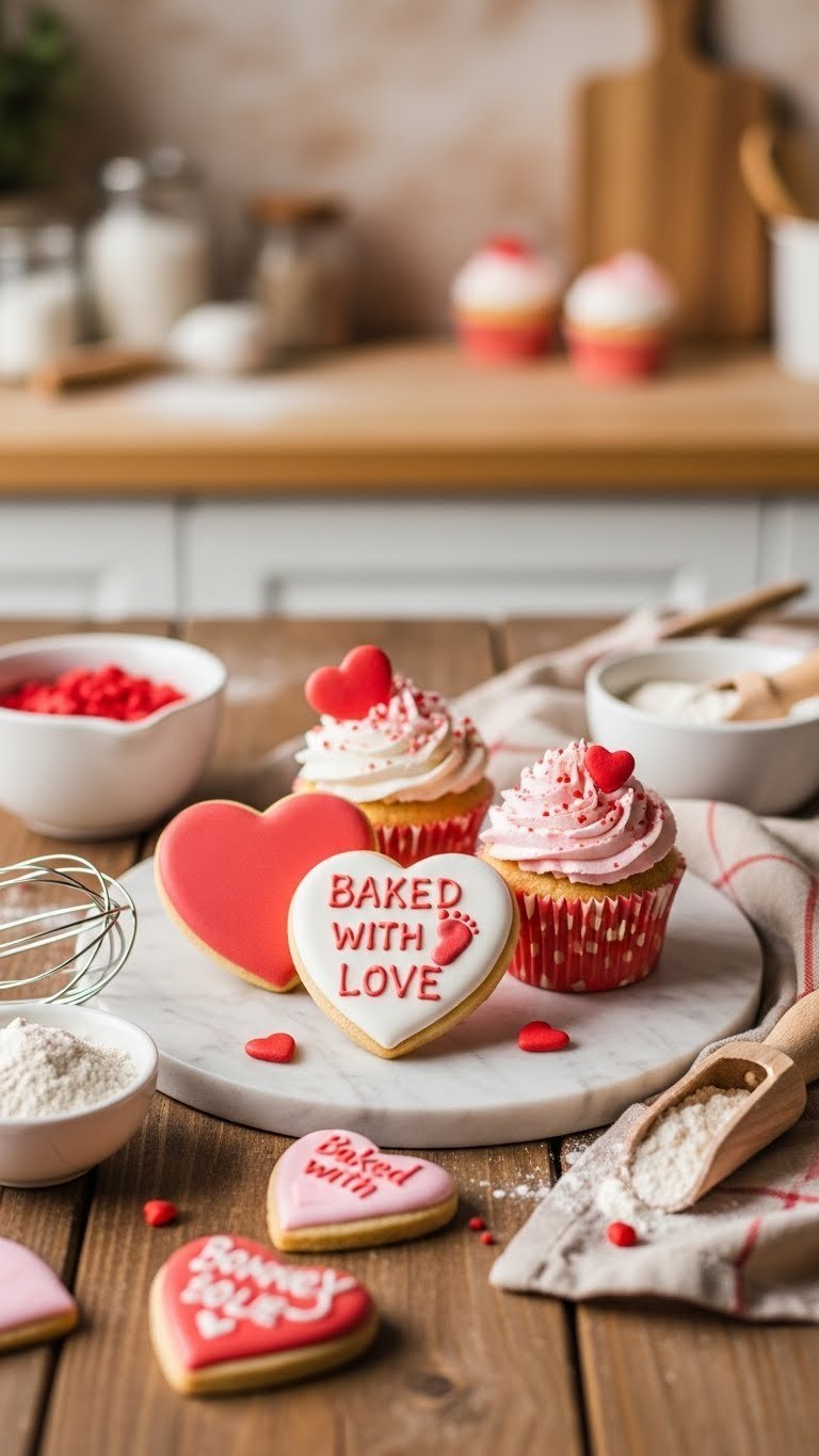 Heart-shaped Valentine's cookies with baby footprint decoration on rustic wooden table in warm kitchen setting.