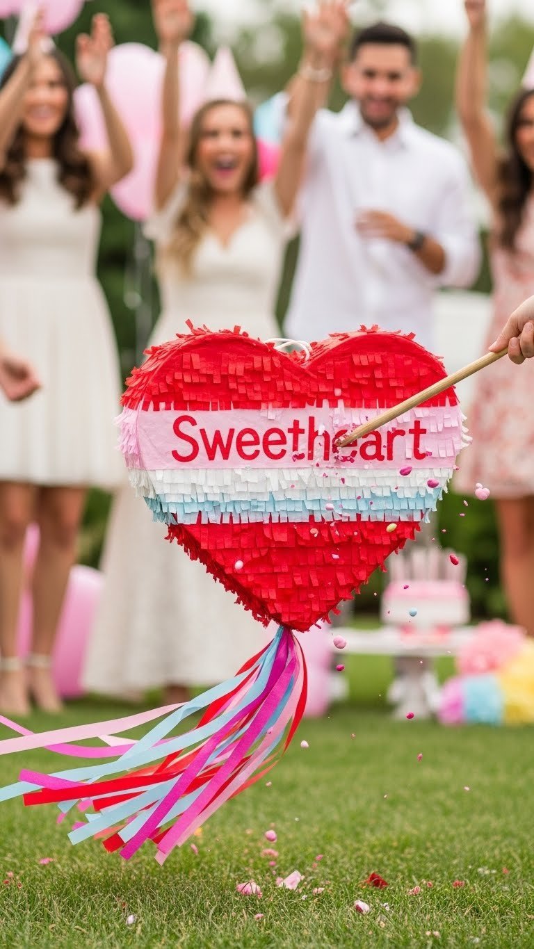 Heart-shaped piñata mid-smash spilling pink or blue candy and confetti during festive gender reveal party