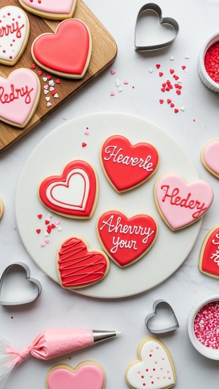 Heart-shaped sugar cookies decorated with pink and red royal icing arranged on white marble slab with cookie cutters.