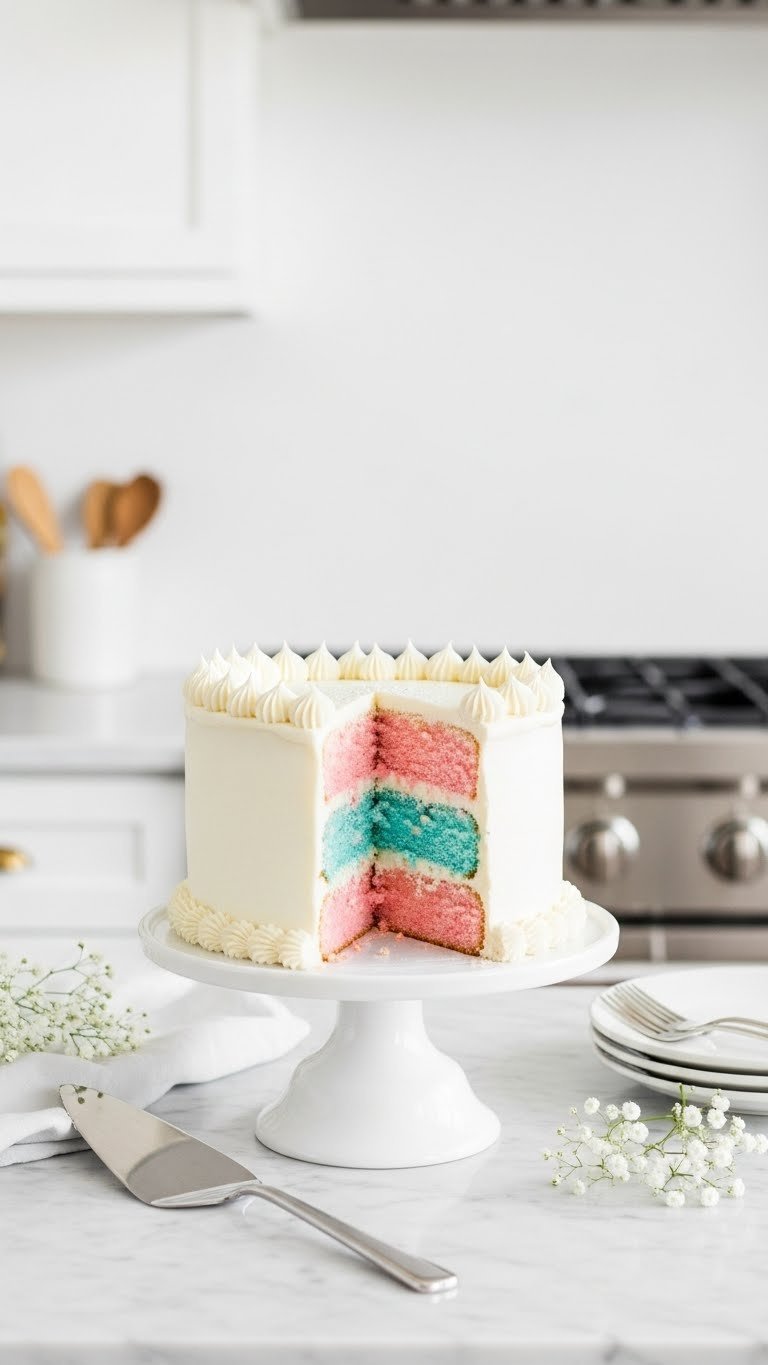 Heart-shaped white cake sliced open revealing pink or blue sponge interior on marble countertop with elegant cake stand