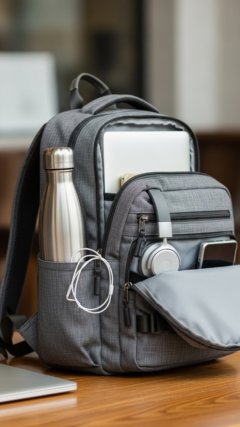 Heather gray everyday carry backpack partially unzipped revealing laptop compartment on rustic wooden table in co-working space.