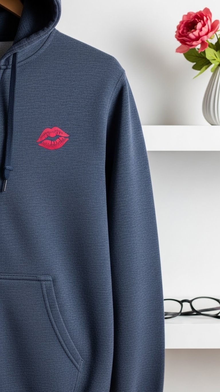 Heather gray zip-up men's hoodie with subtle red kiss print peeking from kangaroo pocket corner on clean white shelf