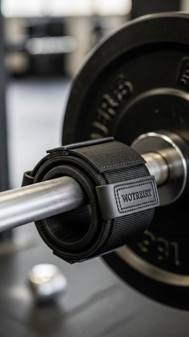 Heavy-duty black leather lifting straps wrapped around knurled barbell with chalk dust on gym floor