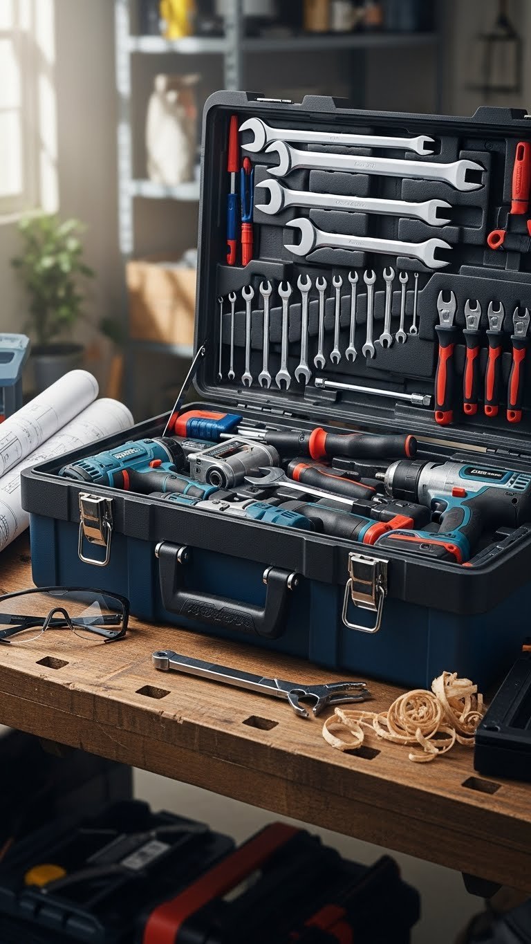 Heavy-duty toolbox overflowing with organized power tools and hand tools on garage workbench with pegboard background