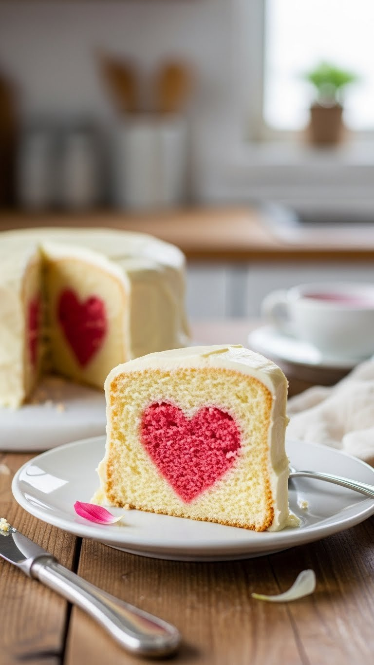 Hidden heart surprise cake slice revealing pink heart center on white plate with rustic wooden table background