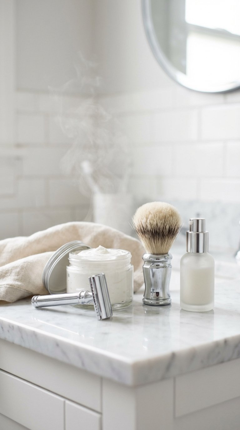 High-end grooming essentials with safety razor, shaving cream, and badger brush arranged on pristine white marble counter