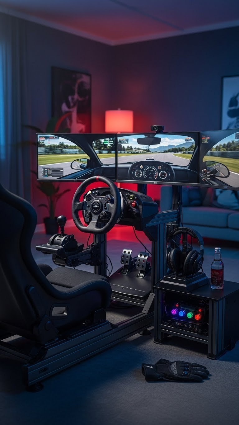 High-end racing simulator setup with direct-drive steering wheel and triple monitors displaying immersive racing game in dim ambient lighting.