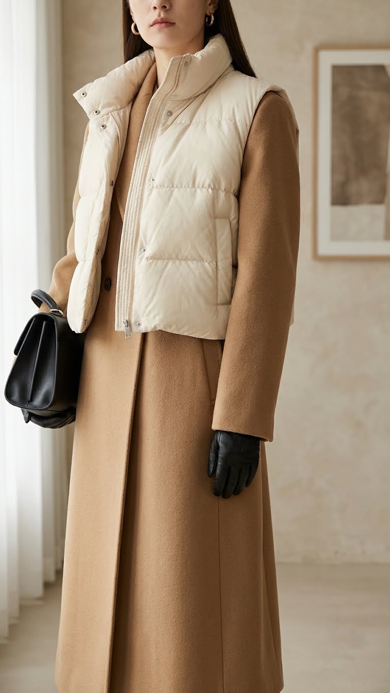 High-fashion layered look: tailored wool coat under quilted down vest, with handbag and gloves, in a minimalist interior.