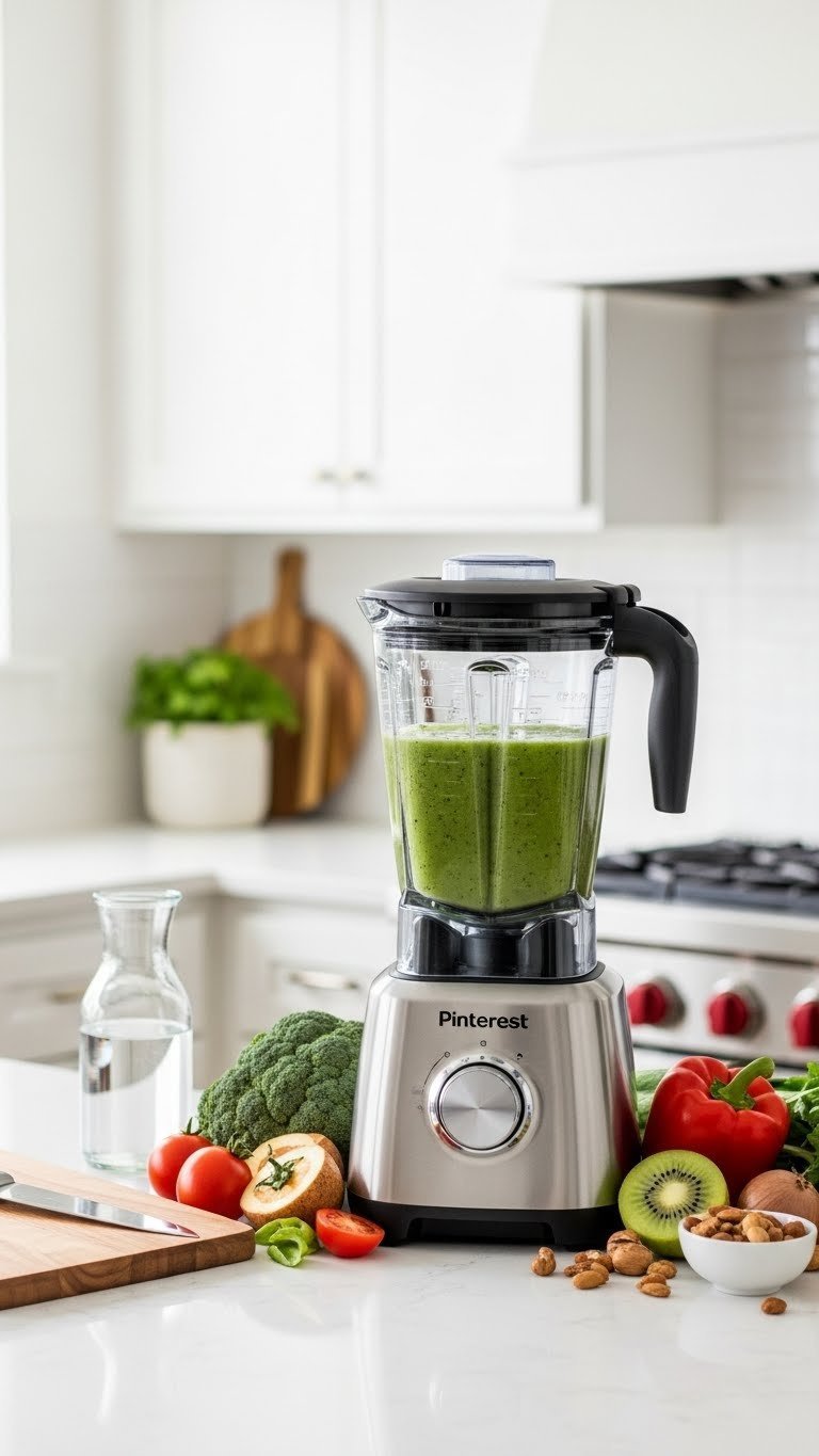 High-performance blender filled with colorful smoothie surrounded by fresh fruits in vibrant kitchen