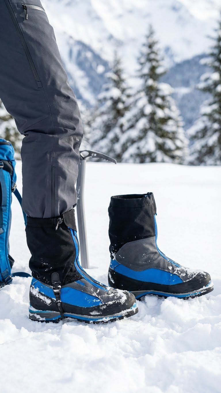 High-performance waterproof snow boots, gaiters, and technical ski pants in deep snow for active cold-weather hiking.