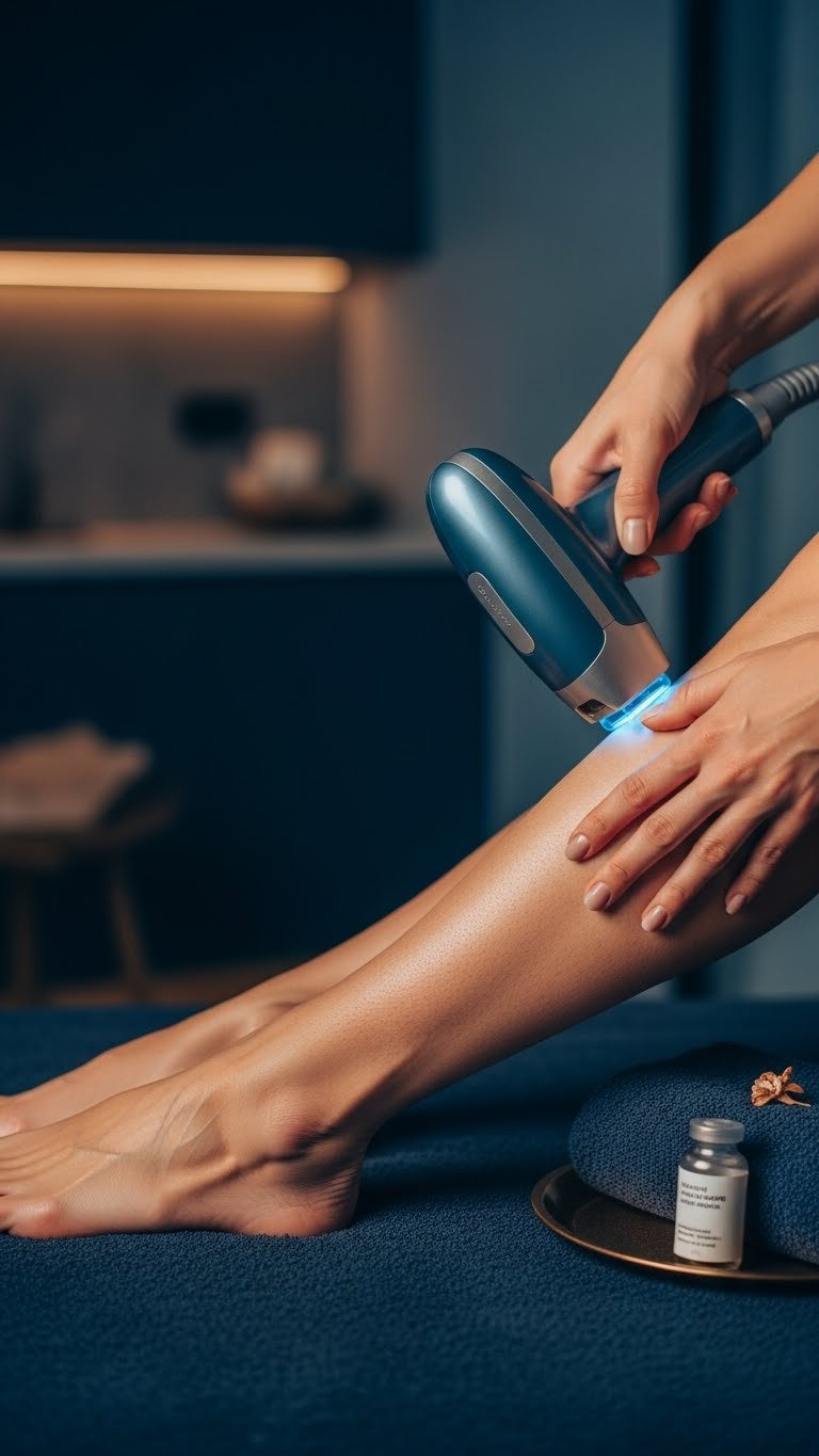 High-powered professional laser device applied to calf muscle showing smooth hairless skin