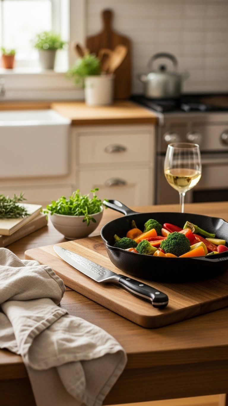 High-quality chef's knife and cast iron skillet with vegetables on wooden cutting board with fresh herbs