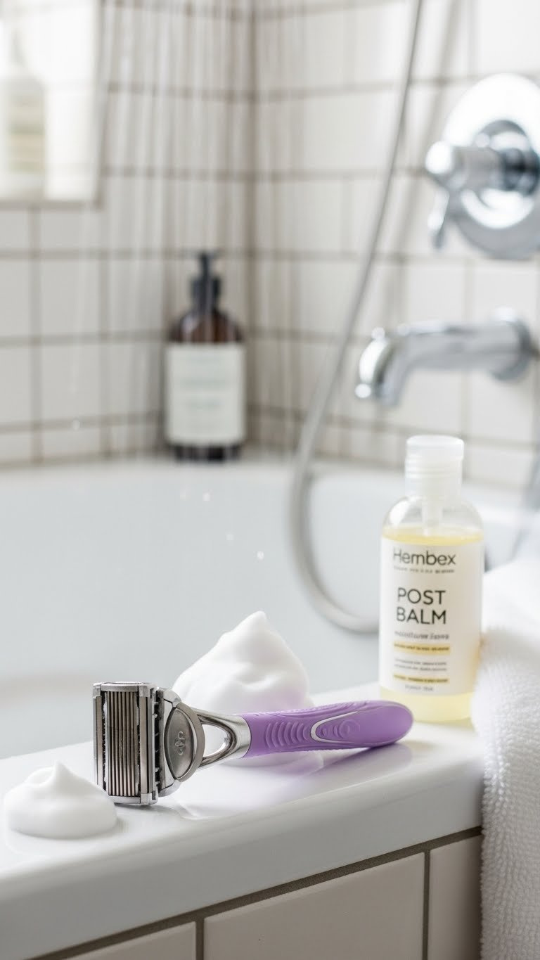 High-quality multi-blade manual razor for women resting on porcelain edge with rich shaving cream lather in shower setting