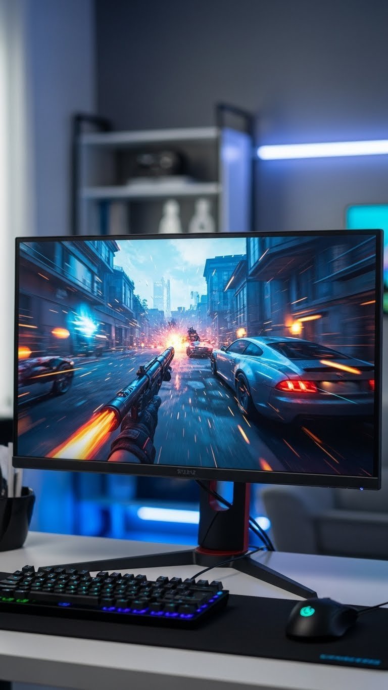 High refresh rate gaming monitor displaying vibrant action-packed game scene with thin bezel design