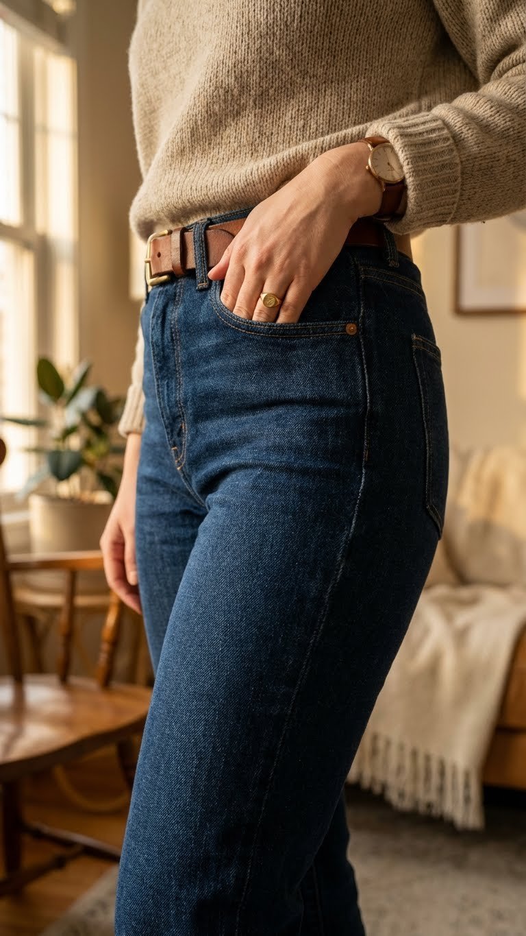 High-rise dark-wash denim jeans with a leather belt, showing flattering fit and texture for winter fashion in warm golden light.