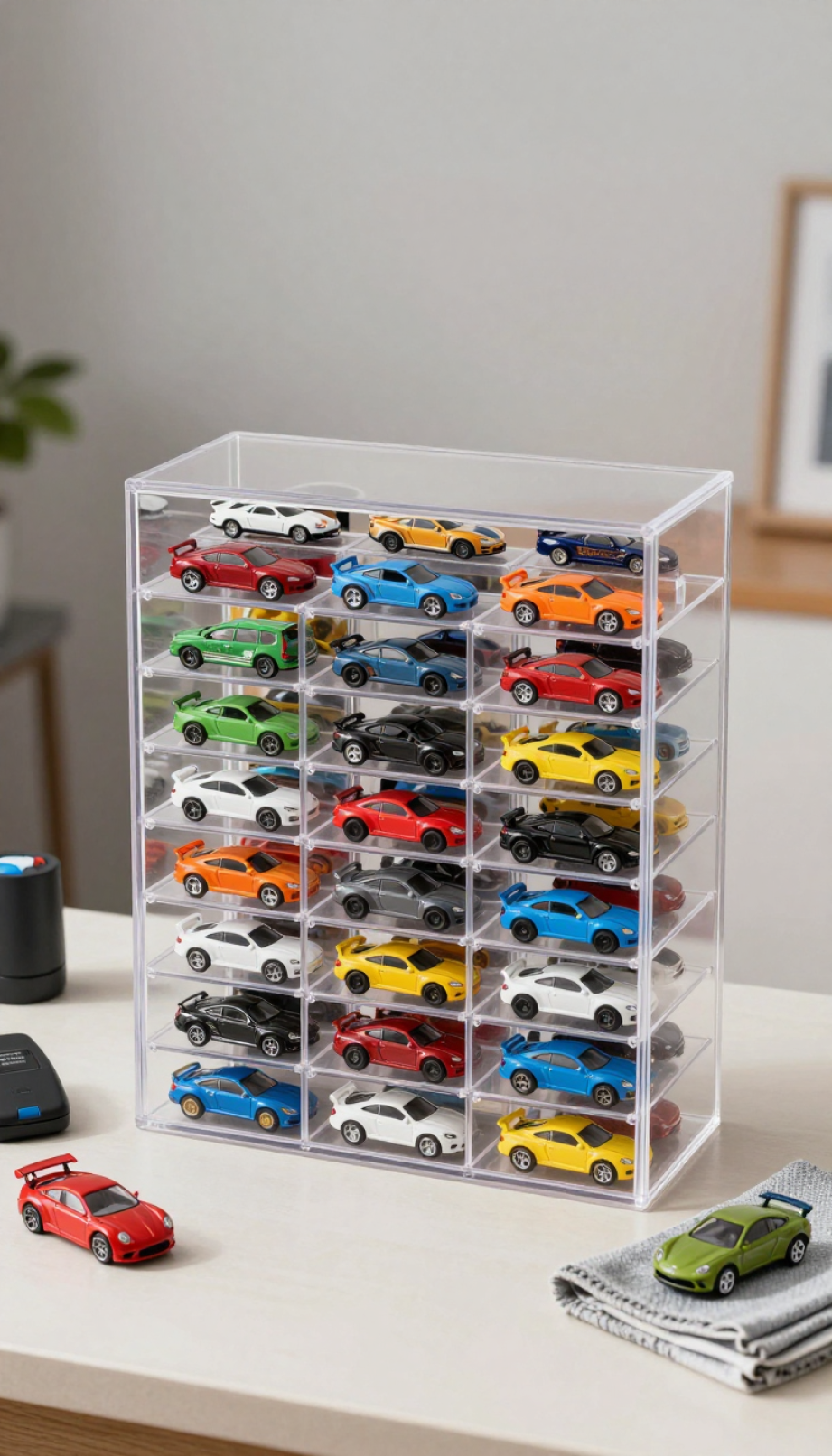 Highly organized Hot Wheels storage case showcasing meticulously arranged diecast cars in clear acrylic compartments.