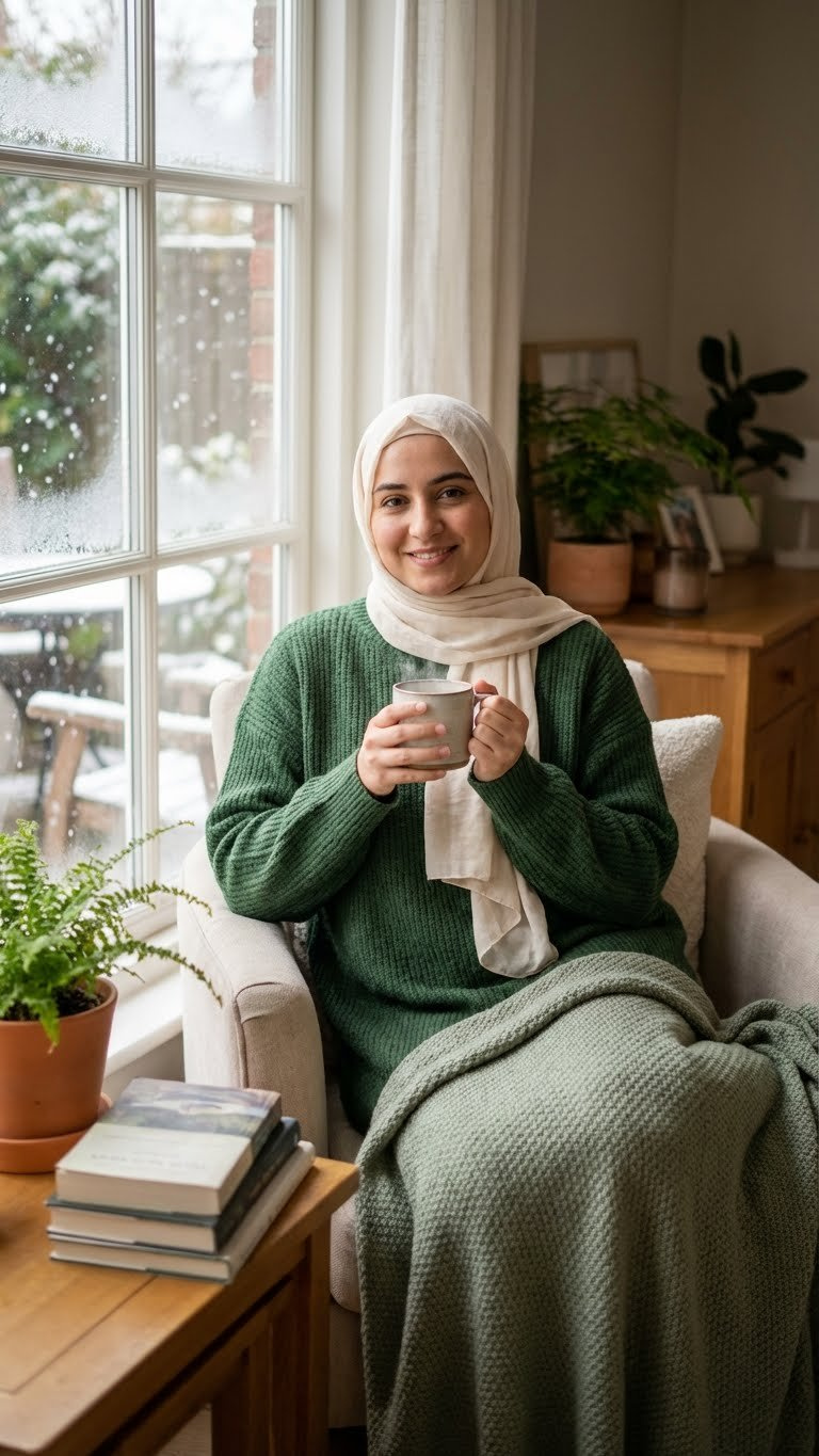 Hijabi woman in a cozy knit sweater dress enjoys a warm beverage by a window, showcasing comfortable modest winter fashion.